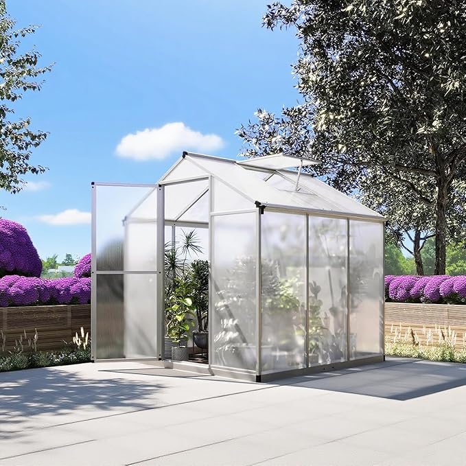 6 x 6.25 FT Greenhouse for Outdoors, Polycarbonate Greenhouse with Aluminum Frame, Lockable Door and Roof Vent, Large Walk-in Green Houses for Patio Garden Backyard Outside, Silver