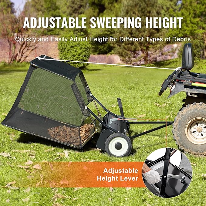 VEVOR 52 Inch Lawn Sweeper Tow Behind, 26 cu.ft. Large Pull Behind Grass Sweeper, Heavy Duty Leaf & Grass Collector with Dumping Rope Design, Adjustable Sweeping Height for Picking Up Debris & Grass