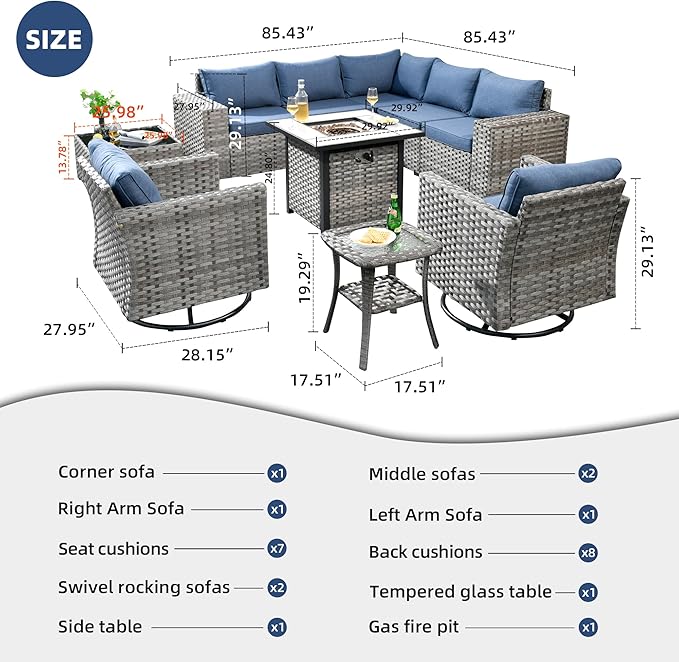 HOOOWOOO 10 Piece Modular Patio Outdoor Sectional Furniture Set with Gas Propane Fire Pit Table,Wicker Conversation Sofa Set with Swivel Chairs,Outside Couch Set(Denim Blue)