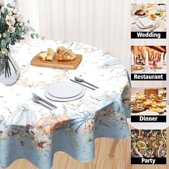 Giwawa Fall Pumpkin Blue Round Tablecloth 60 Inch,Autumn Harvest Thanksgiving Farmhouse Decorative Table Cloth Washable Table Cover for Kitchen Party Picnic Dinner Home Decor