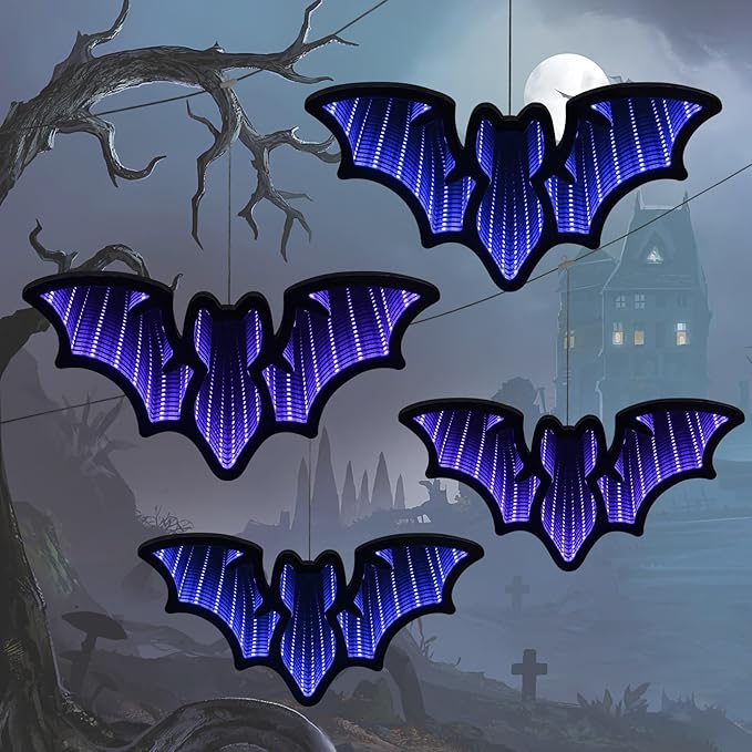 Halloween Décor 4 Bats Infinity Lights with USB Powered, 10.42FT 3D Infinity Mirror String Lights, Halloween Indoor Decorations for Window Wall Outdoor Party Room