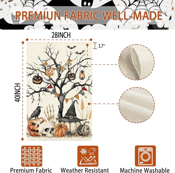 Halloween Black Tree Pumpkin Welcome Garden Flag 28 x 40 Inch Double Sided, Skull Crow Seasonal Burlap Large Yard House Flag Farmhouse Seasonal Holiday Patio Outdoor Outside Decoration