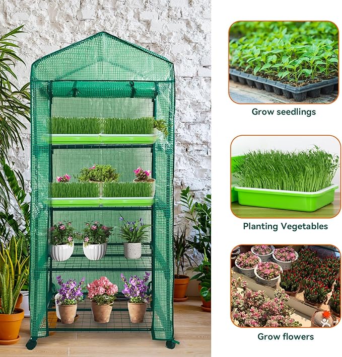Mini Greenhouse,4 Tier Small Portable Greenhouses Kit with Caster Wheels and Roll-up Zipper PE Cover,Green House for Indoor Outdoor Seedling and Plant Growing 27.6" L x 19.7" W x 65" H,Green