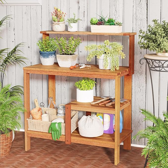 Happygrill Potting Bench Table, Outdoor Wood Work Bench with Storage, Open Shelves & Teak Oil Finish, Patio Horticulture Garden Table for Backyard, Balcony, Natural