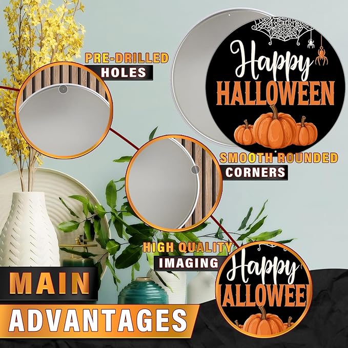 PEACHGARDEN Halloween Pumpkin Metal Tin Sign Vintage Pumpkin Decor Round Welcome Retro Wall Art Gothic Plaque Spooky Home Porch Decorations 12x12inch