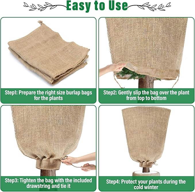 Riare 2 Packs 45 × 70 Inch Burlap Winter Plant Cover Bags with Drawstring- Reusable Large Burlap Sack Plant Frost Protector, Plant Frost Cloth Cold Tree Freeze Blanket for Outdoor Plants Shrubs Fruit
