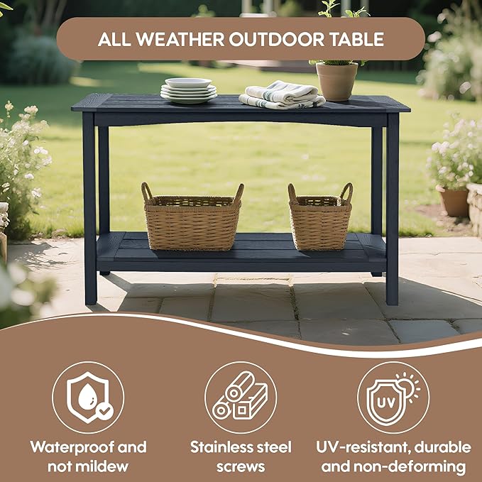 Weatherproof HIPS Outdoor Console Table, 48'' 2-Shelf SideTable Indoor/Outdoor Use, Multifunctional Buffet Table Bar Storage Organizer for Entryway,Yard, Patio, Outside Plant Stand Table, Black
