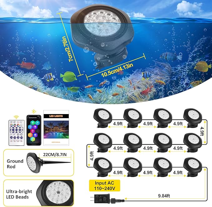T-SUN Smart RGB Pond Lights, Halloween Outdoor Underwater Light with App & Remote, IP68 Waterproof Submersible Fountain Light, Music Sync, 16M Colors, Timer, Dimmable, Koi Pond, Garden, Set of 12