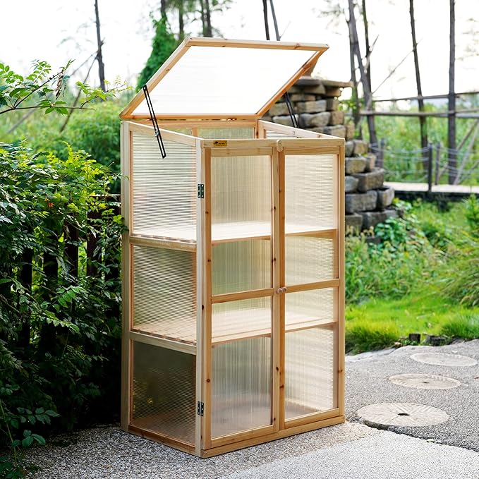 BIGTREE Wooden Green House Mini Greenhouse Indoor/Outdoor Nursery Vented Cold Frame Portable Garden Planter Raised Plants Top Opening Door (27"X19"X47")