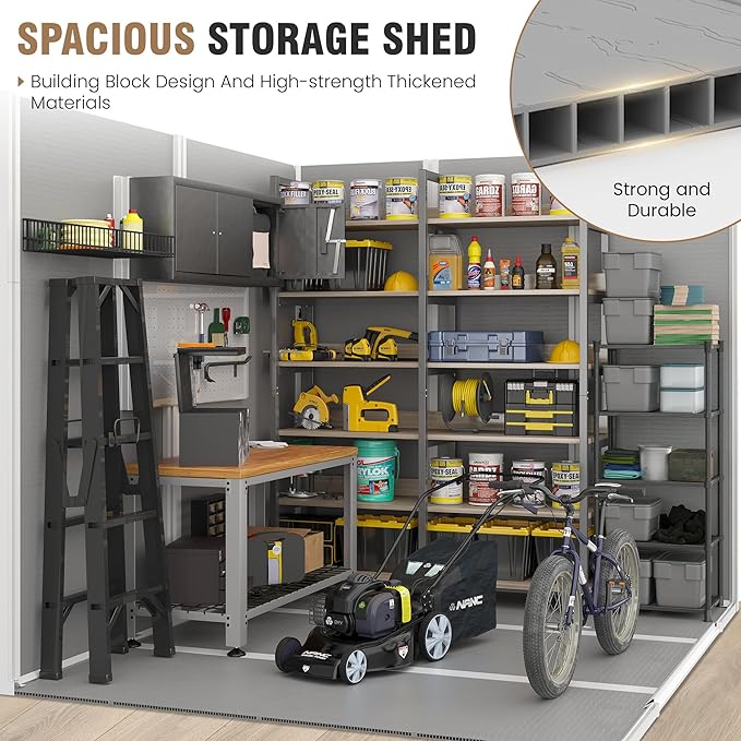 Outdoor Storage Shed, 8x6 FT Resin Shed with Floor and Lockable Door, Window & Vents, Tool Sheds & Outdoor Storage for Bike, Garden Accessories, Tools, Waterproof Grey White