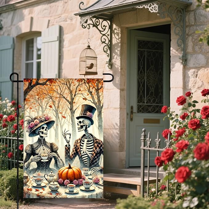 IVN Day of the Dead Garden Flag Skeleton Couple in Festive Attire with Pumpkin and Marigolds Outdoor Yard Patio Holiday Decor Backdrop 12x18 Inch Polyester For Girls or boys gifts Gardens Flags