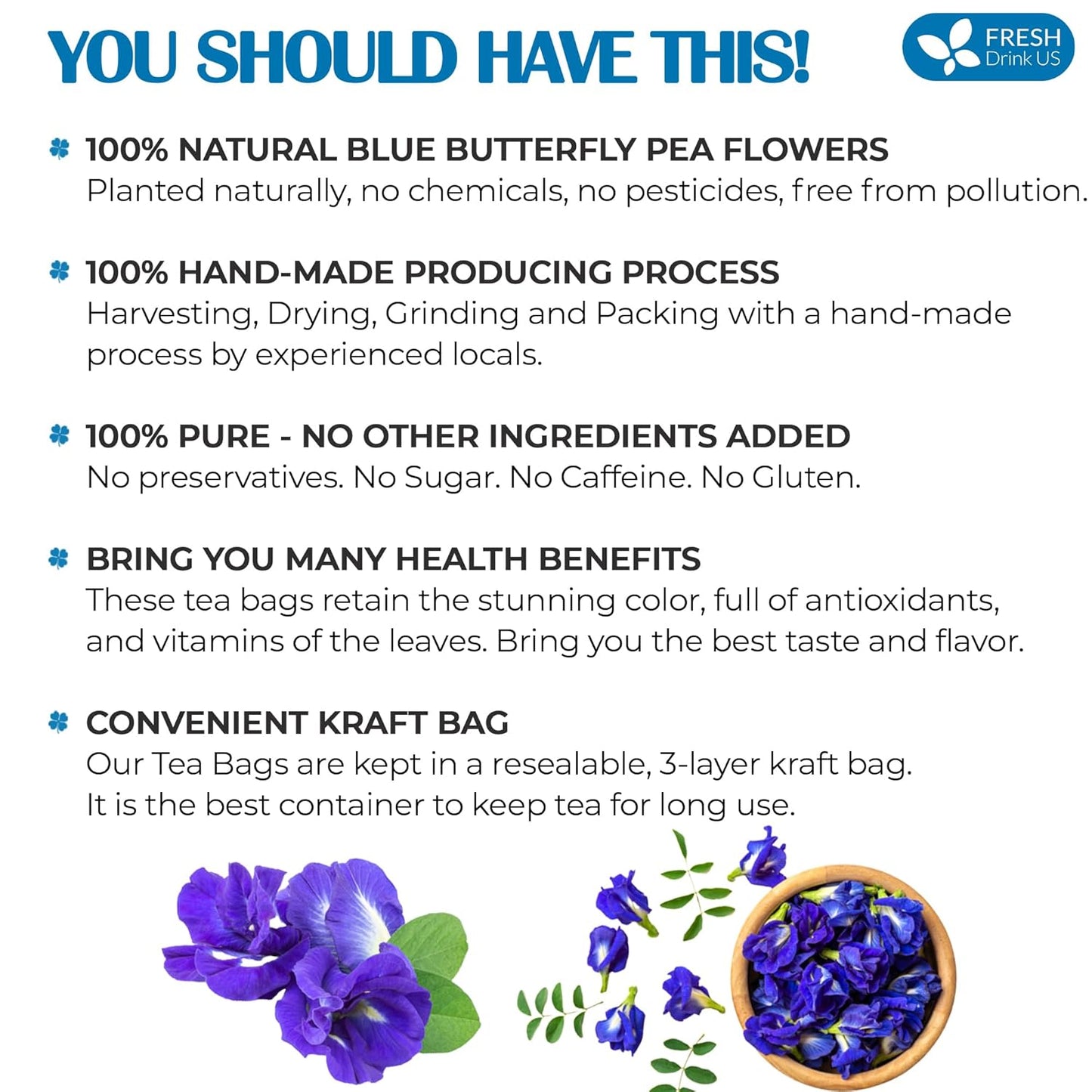 FreshDrinkUS, Premium 35 Butterfly Pea Tea Bags, 100% Natural and Pure from Butterfly Pea Flowers, Hand-made, Made With Natural Materials-Corn Fiber Tea Bag, Sugar/Caffeine/Gluten Free, Vegan