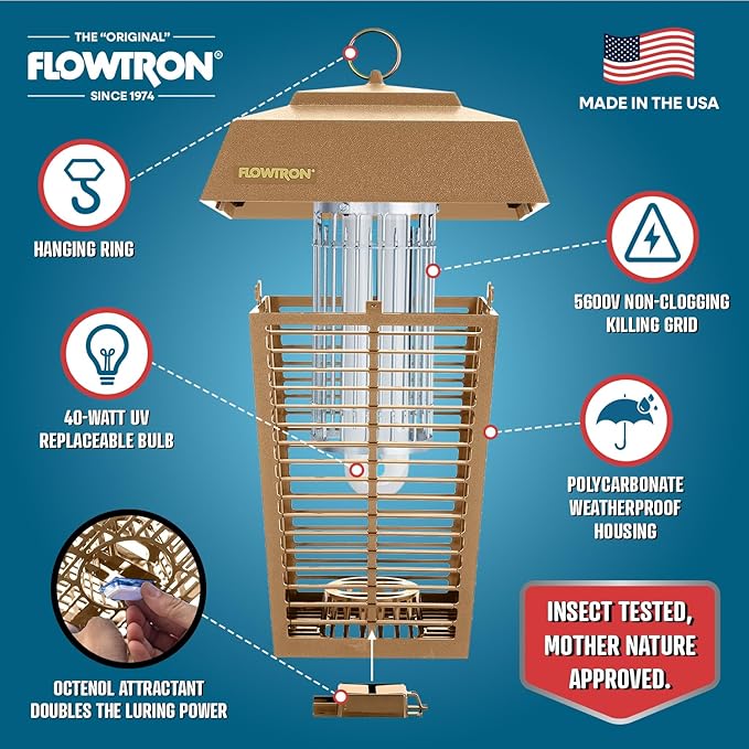 Flowtron Bug Zapper, 1 Acre of Outdoor Coverage with Powerful 40W Bulb & 5600V Instant Killing Grid, Electric Insect, Fly & Mosquito Zapper, Made in The USA - Tan Color