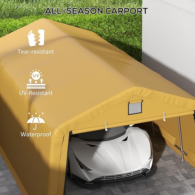Outsunny 12' x 20' Heavy Duty Carport Canopy, UV30+ Resistant Portable Garage Tent with 2 Windows and Roll-up Door, for Truck, Boat, Car, Motorcycle, Bike, Garden Tools, Yellow