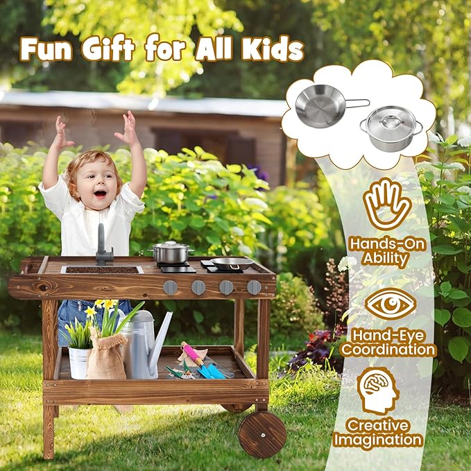 Honey Joy Mud Kitchen with Wheels - Fir Wood Outdoor Play Kitchen for Toddlers, Garden Sink, Stoves, Storage Shelf, Kids Outdoor Backyard Kitchen Playset