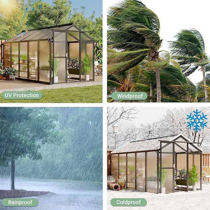Greenhouse, 6x10 Ft Outdoor Greenhouses with Roof Vents and Sliding Doors, Aluminum Frame Polycarbonate Accessible Greenhouses, Suitable for Outdoor Gardens and Backyards, Black