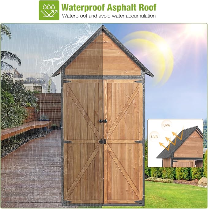 GUTINNEEN Outdoor Storage Shed with All Around Strong Metal Frame, Garden Tool Sheds Cabinet with Floor & Adjustable Shelves, Wooden Tool House for Backyard Garden Patio Lawn (Brown)