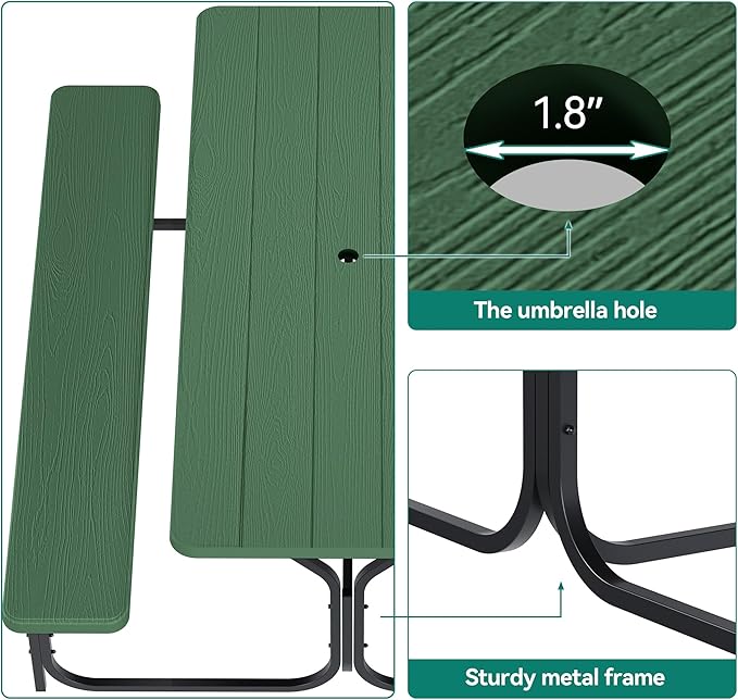 YITAHOME 6ft Outdoor Picnic Table with Wood-Like Tabletop, Sturdy Steel Frame and Umbrella Opening, Heavy Duty Picnic Table Ideal for Yard, Patio, Lawn Gatherings, Green