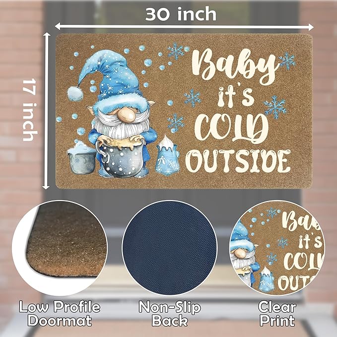 Winter Christmas Gnome Faux Coir Door Mats Outdoor, Blue Gnome Snowflake Christmas Door Mat for Home Outside Entryway, Winter Welcome Doormat for Indoor Outdoor Porch Entrance, 17x30 Inch