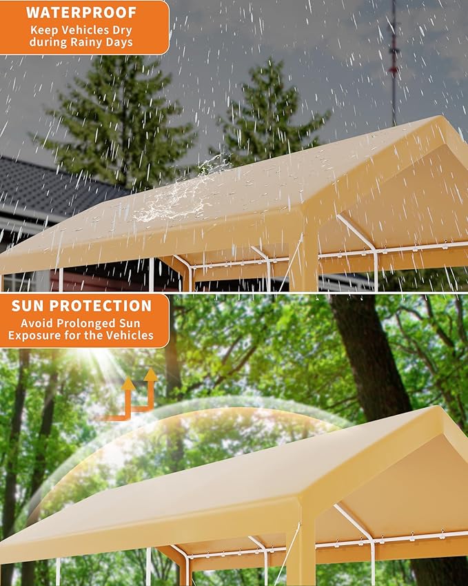 Garvee 10x20 Heavy Duty Carport, Galvanized Steel Outdoor Car Canopy with UV-Resistant & Water-Resistant PE Cover, Portable Garage for SUV, Truck, Boat, Yellow