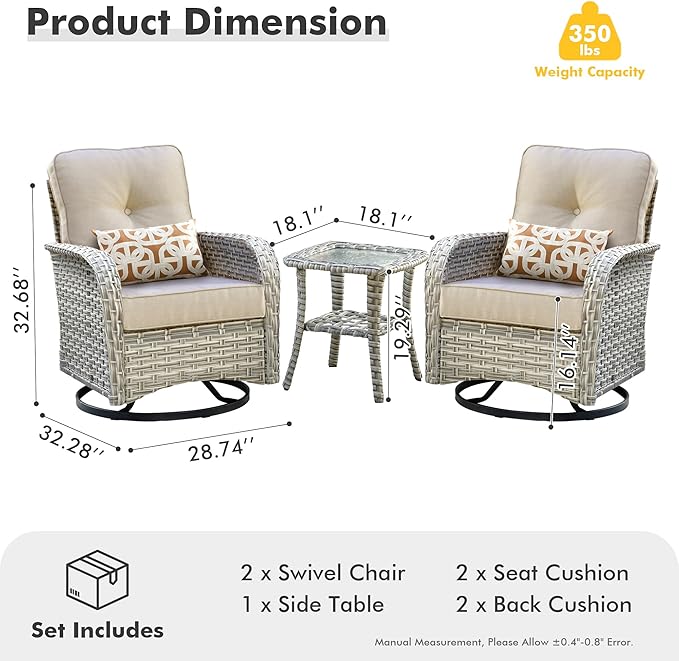 HOOOWOOO Outdoor Patio Bistro Set,3 Pieces Wicker Out Door Swivel Rocking Chair with Matching Side Table,Patio Furniture Sets,Beige