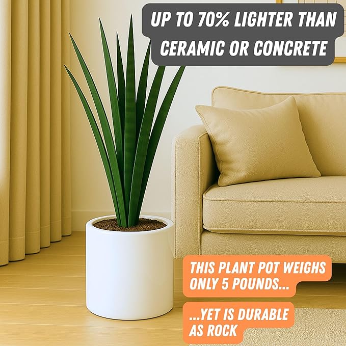 Fox & Fern 10 Inch Plant Pot with Drainage Plug — Premium Lightweight Fiberstone Glossy White Planter; Indoor & Outdoor Planter; 10 Inch Pots for Plants; Weather Resistant & UV Resistant