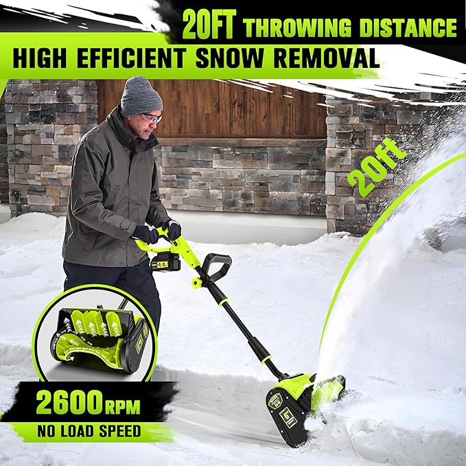 40V 13 inch Cordless Snow Blower, 4.0Ah Snow Blower Battery Powered with Directional Plate, Brushless Electric Snow Shovel for Pathway, Patio, Deck, Driveway, Green