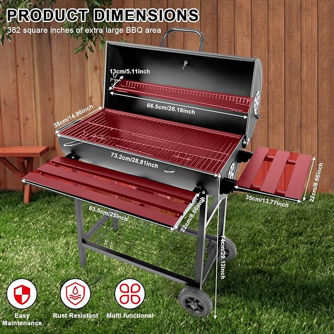 Charcoal Grill with Temperature Gauge - Large Outdoor Barrel Barbecue Grill with Side Table, 565 sq in Cooking Space for 8-12 People, Ideal for Camping and Backyard BBQ