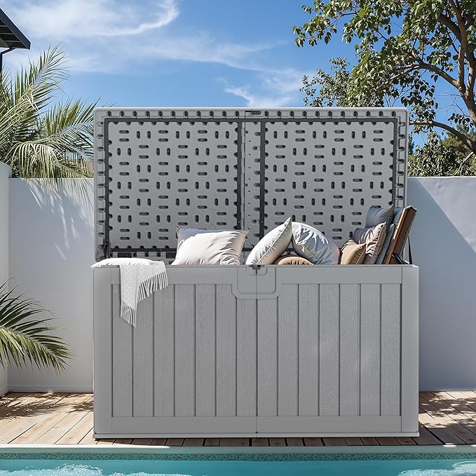 Greesum 230 Gallon HDPE Outdoor Storage Box with Removable Dividers, Weatherproof Oversized Deck Box for Patio, Garage, Garden, Gray