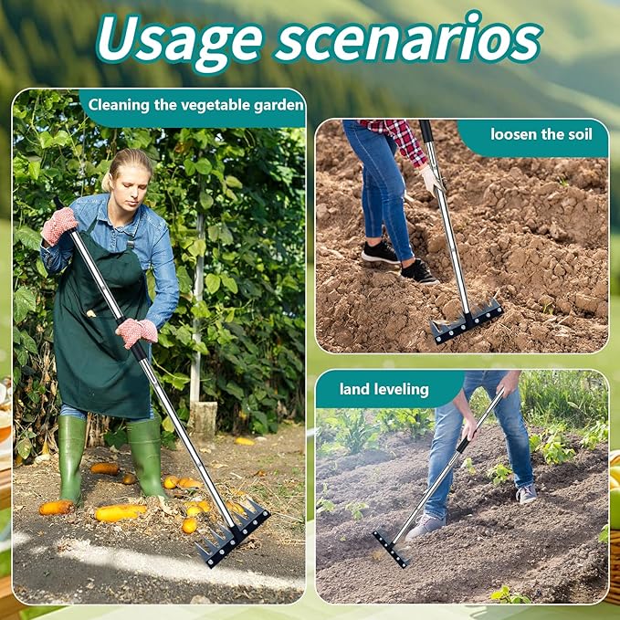 Garden Rake, 8 Tines Garden Weeding Rake with Sharp Blade with Steel Adjustable Handle (31'' to 63''), Garden Weed Puller Tool for Clearing Weed, Loosening Soil and Flower Beds