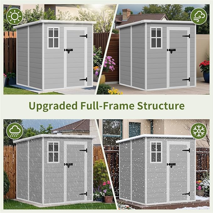 6x6 FT Grey Resin Garden Storage Shed - Waterproof Outdoor Storage with Floor, Lockable Door, Window & Vents - All-Weather PP Plastic Shed for Backyard, Patio, Bikes, Tools & Seasonal Gear