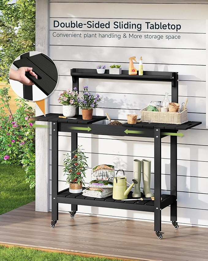HDPS Outdoor Potting Bench with Sliding Tabletop/ 4 Wheels/Removable Sink, All-Weather Outside Garden Work Table, No Rust/Fade/Break, Potting Station for Porch, Patio & Backyard (Black)