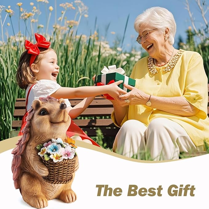 Solar Hedgehog Garden Statue with Flower Basket – Outdoor Decorative Resin Figurine with Solar Light for Lawn, Yard & Patio Decor