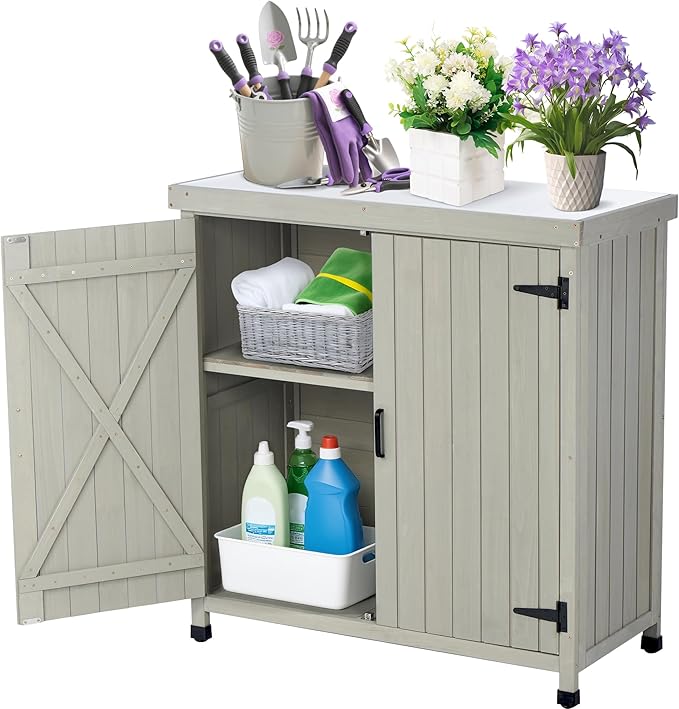Outdoor Potting Bench with Metal Work Top,Waterproof Garden Storage Cabinet,Wooden Tool Station Shed for Backyard,Patio,Lawn Gardening