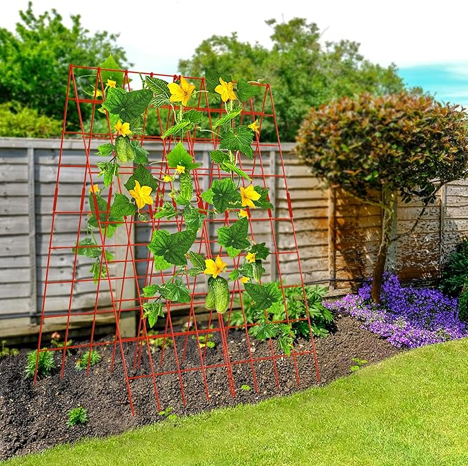 DoCred Cucumber Trellis, 59" High 2 Pack Foldable A Frame Trellis for Raised Bed Climbing Plants, Vegetables, Includes Plant Support Clips, Twist Ties, Plastic Ties- Made from PVC-Coated Steel