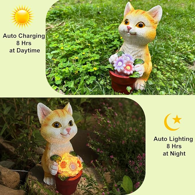 YODY Solar Garden Statues Outdoor Decor- Yard Decorations for Patio, Balcony, Backyard, Lawn Ornaments - Cat Statue with Flower Pot- Unique Cat Lover Gifts for Mom, Grandma, Women