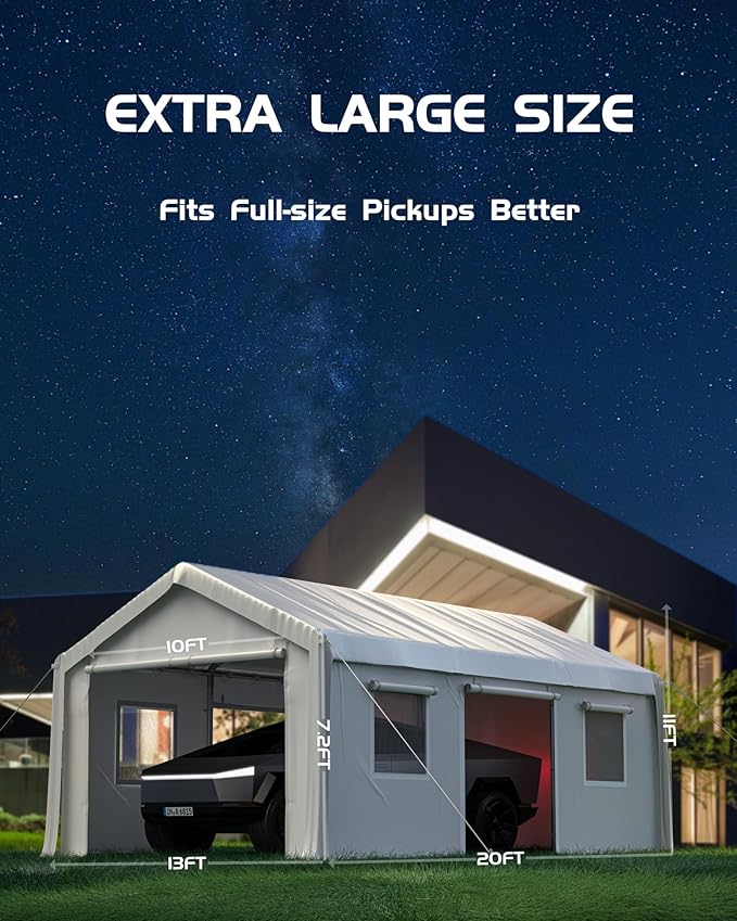 13 x 20 x11 Ft Heavy-Duty Carport, Portable Garage, 180g PE Waterproof Canopy and 8 x 1.0 mm Poles for Full-Size Pickup Trucks, Boats, and SUVs - White