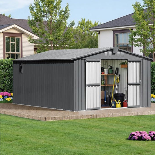 10x12 Ft Large Outdoor Storage Shed, Dark Grey Metal Garden Outdoor Storage Workshop Shed with Lockable Doors, Windows, Air Vents, Waterproof for Backyard, Mower Storage, Backyard, Lawn, Patio