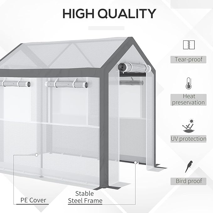Outsunny 8' x 6' x 7.5' Walk-in Greenhouse, Outdoor Gardening Canopy with 6 Roll-up Windows, 2 Zippered Doors & Weather Cover, White