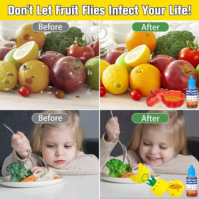 Fruit Fly Trap Refill Liquid Only, 0.68oz/ Bottle, Safe Bait, Ready-to-Use Gnats Killer Indoor Trap, Effective Lure Refill Gnat Catcher for Home Kitchen (4 Pack)