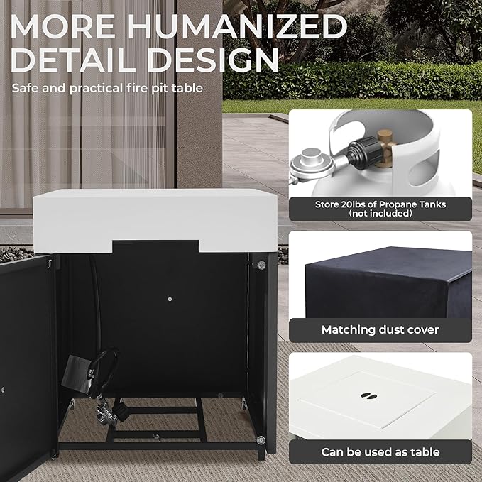 MBY 22" Aluminum Fire Pit Table, 37,000 BTU Gas Firepit for Outdoor Patio Deck and Garden, CSA Certified Fire Pit with Lid, Waterproof Cover, Glass Wind Guard and Glass Stone, White