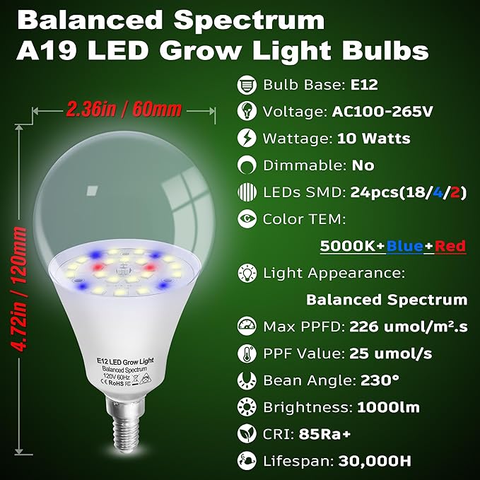 Full Spectrum Small Base E12 Candelabra Plant Grow Light Bulbs,Red Blue Yellow 5000K White Plant Growing Lamp Bulbs 10W with Balanced Spectrum for Indoor Seeds Greens Laboratory,School,Greenhouse,2Pcs