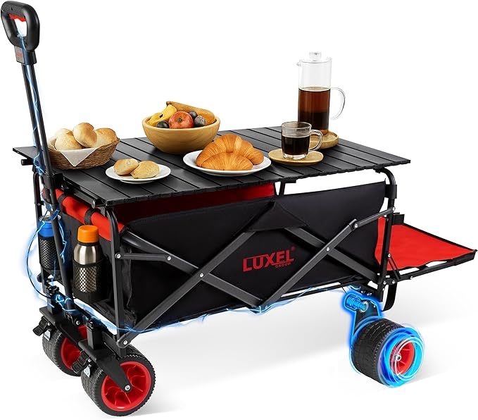 Electric Foldable Collapsible Wagon Cart Power 100W - Heavy Duty Wagons with All Terrain Wheels - with Folding Table - Beach Canvas Utility Carts, Portable for Outdoor Camping Shopping Fishing Sports