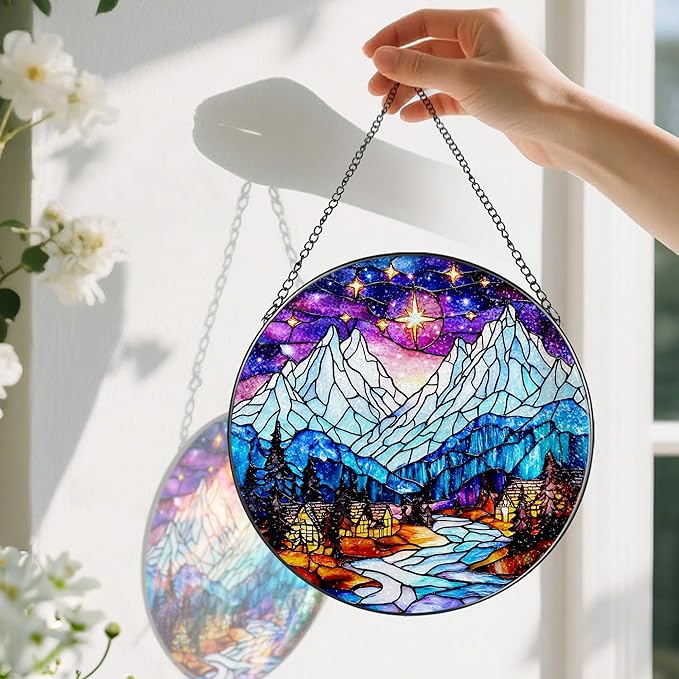 Stained Glass Window Hanging, Pauyadu 8 Inch Night Court Sun Catcher, Stained Glass Suncatcher Ornament, Suncatchers for Windows Hanging, Starlight Lover Gift, Gifts for Women, Friend, Lover