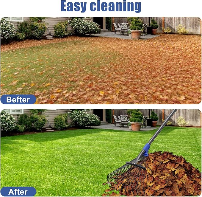 Adjustable Leaf Rake, 67” Long Handle Garden Rakes for Lawns Leaves with Expandable Head 8-17", Yard Women Kids Rake for Gardening RV Camping