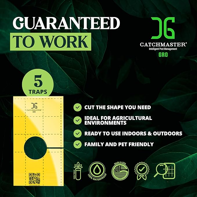 Catchmaster GRO Yellow Pre-Cut Ready to Use Sticky Traps 50PK, Bug & Fly Trap with Center Hole for Crawling Insects, Pest Control for Home, Garden & Greenhouse, Protect Live Plants Indoor & Outdoor