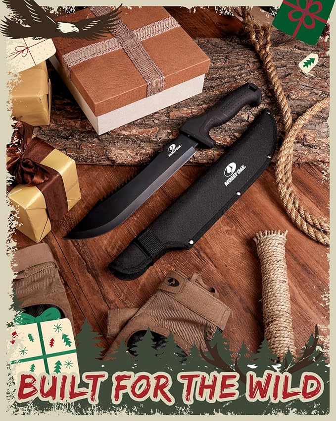 Mossy Oak Machete with Saw, 16" Sharp Machete with Sheath, Ergonomic No-Slip Handle for Bushcraft, Outdoor Hunting, Garden Cutting Small Trees and Yard Work