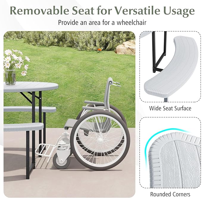 Giantex Picnic Table Bench Set for 4-8 Person, Round 37” Outdoor Dining Table w/Umbrella Hole, HDPE Tabletop, Metal Frame, Patio Furniture Set for Backyard Porch Lawn, 1400lb Capacity (White,Round)