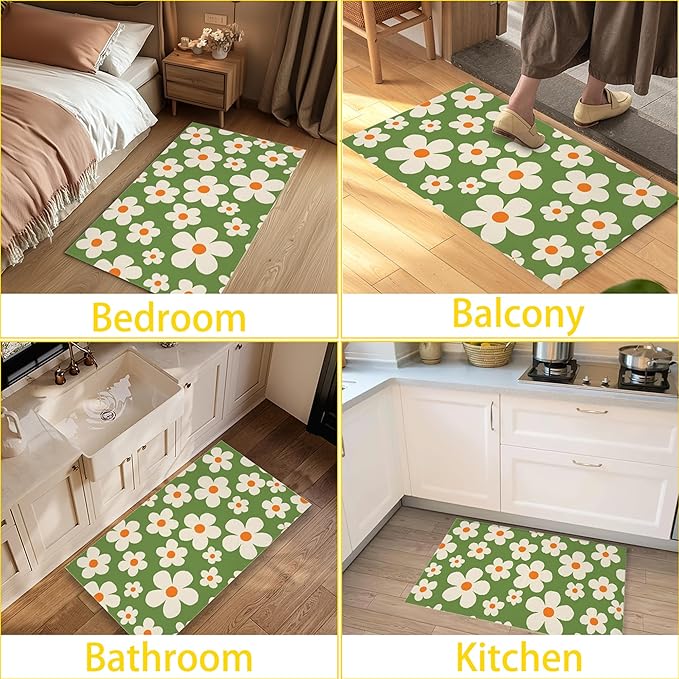 Door Mat,70s Groovy Flowers Welcome Mat Indoor,Green Floral Non-Slip Outdoor Entry Mat for Home Entryway, Low Profile Floor Rugs for Entry Patio, Porch, Hallways 30 x 17 Inch