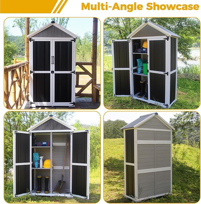 Outdoor Storage shed Small Storage shed with Floor Wooden Frame Lockable Metal Door Adjustable Shelves Cabinets Waterproof Large Capacity Storage Tool Cabinet Box for Backyard Garden Patio Lawn